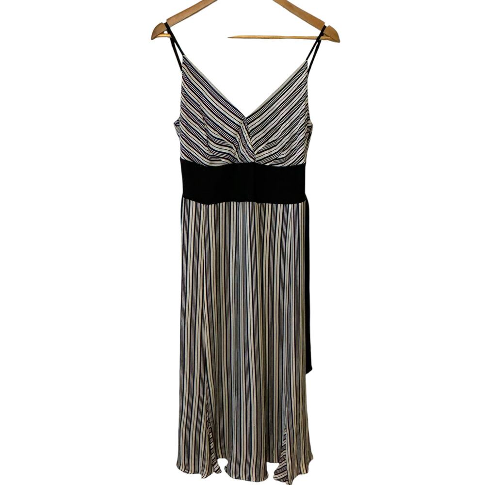 Jaeger 100% Silk US Size 12 Black and White Striped Tie Waist Thin Strap Dress